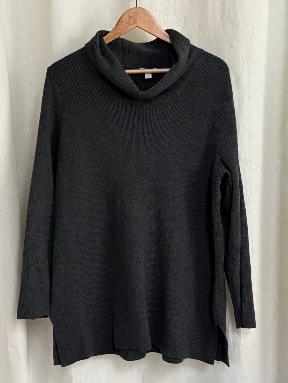 J Jill Cowl Neck Sweater Tunic L Charcoal Gray Cotton Blend Ribbed Knit High Low